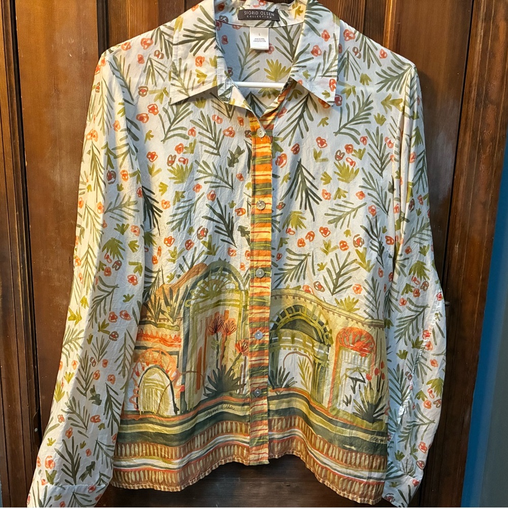 Sigrid Olsen 100% Silk Art to Wear Tropical Mediterranean Patterned Button Down
